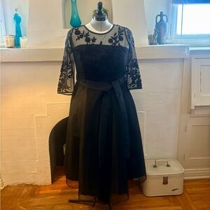 eShakti Black Floral Lace and Tulle 3/4 Sleeve Cocktail Dress